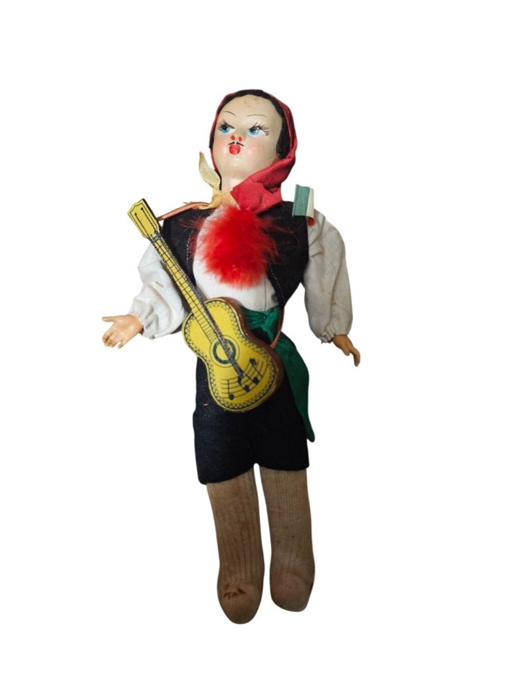 Vintage Folk Doll With Guitar & Red Headscarf - Handcrafted Details - Approx. 8"